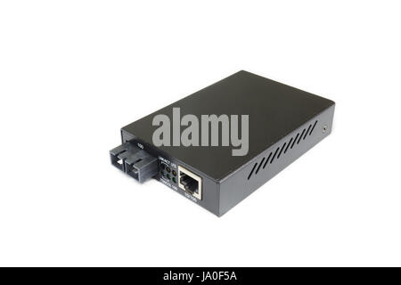 Fiber optic Media converter with metallic RJ45 connector and SC fiber Optic connector isolated on white background. Clipping path for use Stock Photo