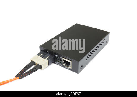 Fiber optic Media converter with metallic RJ45 connector and SC fiber Optic connector isolated on white background. Clipping path for use Stock Photo