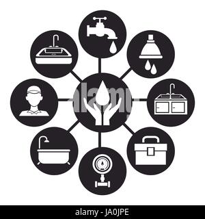 black silhouette icons plumbing connected to center circular frame with hands holding a drop water Stock Vector