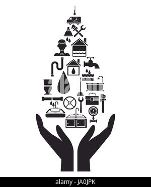 black silhouette house with drop-shaped plumbing elements holding for a hands Stock Vector