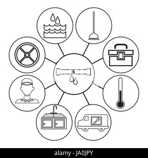sketch contour icons plumbing connected to center circular frame with broken pipe Stock Vector