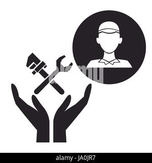 black silhouette plumber in circular frame with hands holding floatin wrench crossed Stock Vector