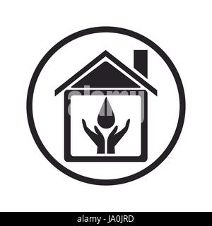 black silhouette circular frame house with hands holding a drop Stock Vector