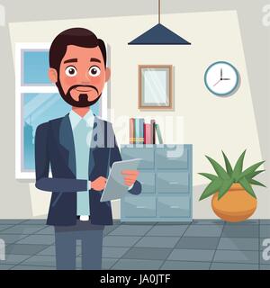 color background workplace office half body bearded man characters for business with tablet Stock Vector