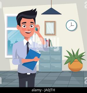 color background workplace office half body young man characters for business with folder and talk with cellphone Stock Vector