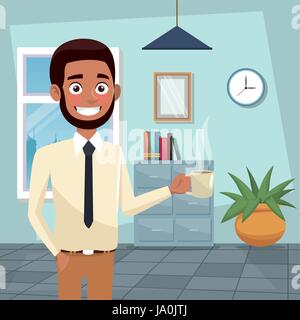 color background workplace office half body bearded and brunette man execuitive with cup of coffee Stock Vector