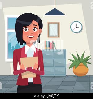 color background workplace office half body elegant executive woman short hairstyle with folder Stock Vector