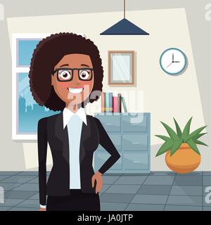 color background workplace office half body elegant executive brunette curly woman with glasses Stock Vector