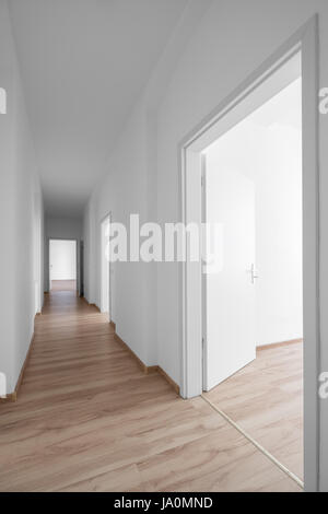 empty corridor, white walls and wooden floor