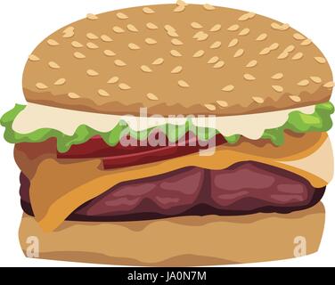 Vector Realistic Hamburger Classic Burger American Cheeseburger with Lettuce Tomato Onion Cheese Beef and Sauce Close up isolated on white Background. Fast Food Stock Vector