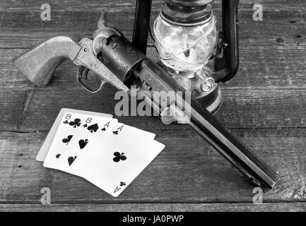 Dead man's hand , ace's and eights in the old wild west in black and white. Stock Photo