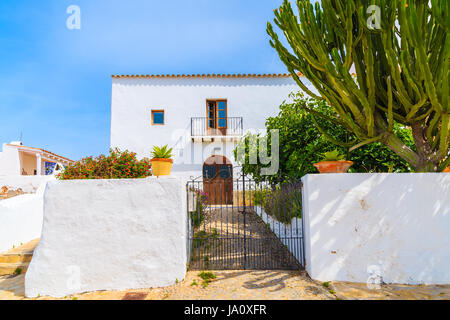 Gate to white typical house in Puig de Missa church area of Santa Eularia town, Ibiza island, Spain Stock Photo