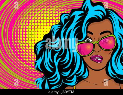 Black young oops woman pop art style wow swag face in sunglasses satisfaction feeling. Colored halftone retro dot background comic text. Positive girl Stock Vector