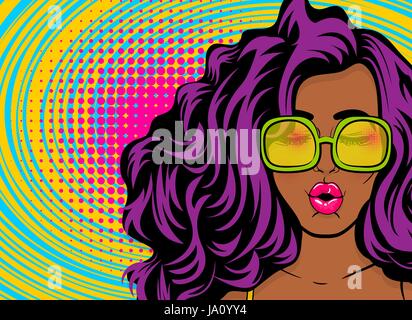 Black young surprised woman pop art style wow swag face in sunglasses satisfaction feeling. Colored halftone retro dot background comic text. Positive Stock Vector