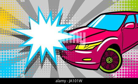 SUV car pop art style. Cartoon jeep comic book background. Sport utility vehicle on sunbeam poster banner in bright color. Luxury roadster with text s Stock Vector