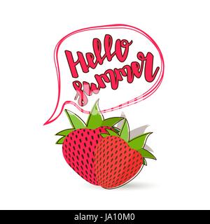 Hello summer time lettering comic text font in speech bubble. Tropical juice red fruit strawberry. Colored vector illustration. Funny web poster adver Stock Vector