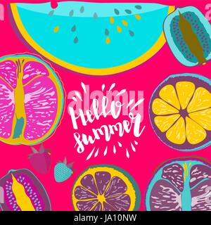 Hello summer hand lettering comic text cute font. Juicy colored tropical fruit background kiwi, watermelon, lemon, orange, strawberry, citrus. Vector  Stock Vector