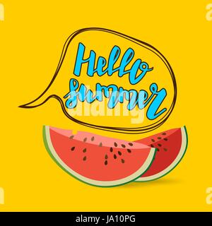 Hello summer time lettering comic text font in speech bubble. Tropical juice red fruit watermelon. Colored vector illustration. Funny web poster adver Stock Vector