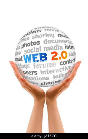 Hands holding a Web 2.0 Word Sphere on white background. Stock Photo
