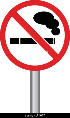 No smoking sign on round transportation sign with metal pole on white background Stock Vector