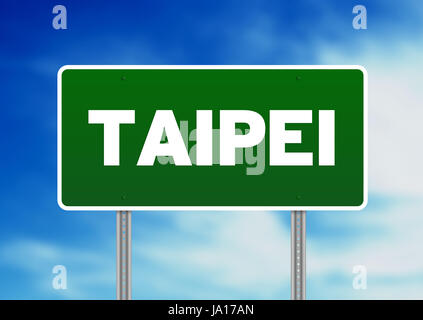 Green Taipei highway sign on Cloud Background. Stock Photo
