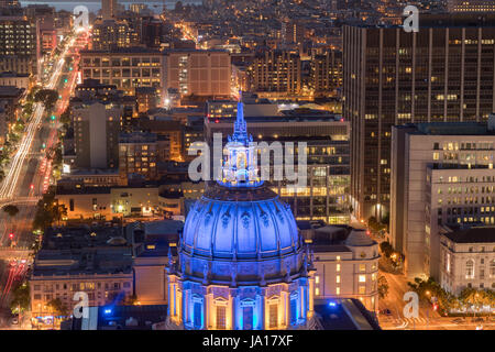 Aerial View of San Francisco City Hall at Night with Golden State Warriors Colors. Stock Photo