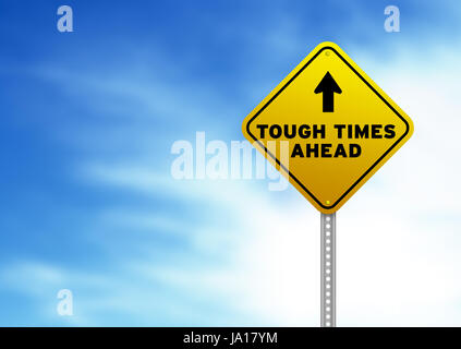 Yellow Tough Times Ahead Road Sign on Cloud Background. Stock Photo