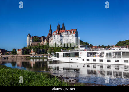Elbe river cruise, castle Saxony Meissen Germany, Europe boat on river Stock Photo