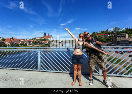 Punk couple on the bridge Meissen Castle background, Saxony, Germany street scene lifestyle couple Stock Photo