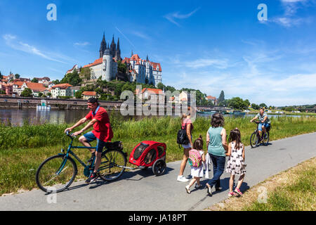 People on bicycle cycling along the Elbe river bike, Family ride a bike, Meissen, Saxony, Germany cycle path, Europe scenery Riding bike Stock Photo