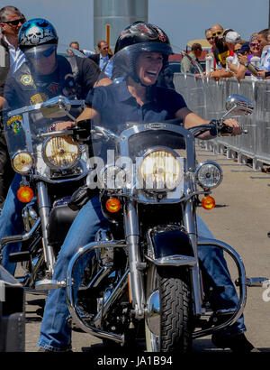 Boone, U.S. 03rd June, 2017. Senator Joni Ernst Reupblican from Iowa rides her motorcycle into her 3rd annual Roast and Ride charilty benefit at the Central Iowa Expro center in Boone Iowa, 3rd June, 2017. Credit: mark reinstein/Alamy Live News Stock Photo