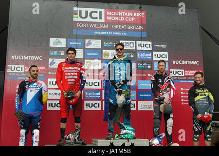 Fort William, Scotland. 4th June, 2017. Mens Podium from left Marcelo Villegas Gutierrez COL 4th place, Jack Moir AUS 2nd Place, Winner Greg Minnaar Centre, Aaron Gwin USA 3rd place and Remi Thirion FRA 5th place. © Malcolm Gallon/Alamy Live News Stock Photo