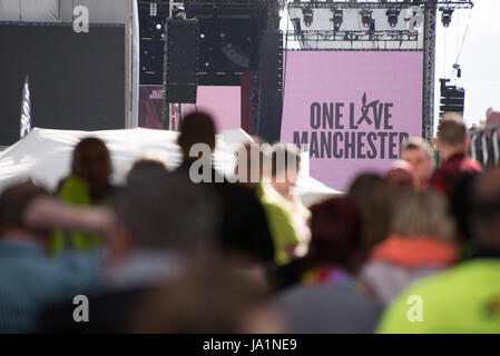 Manchester, UK. 04th June, 2017. Part of the One Love Manchester stage at the Old Trafford cricket ground in Trafford, United Kingdom, Sunday, June 04, 2017. The One Love Benefit concert has been organised as tribute to the victims of the Manchester Arena attack at which Ariana Grande performed at the Manchester Arena on 05/22/2017. Credit: Jonathan Nicholson/Alamy Live News Stock Photo