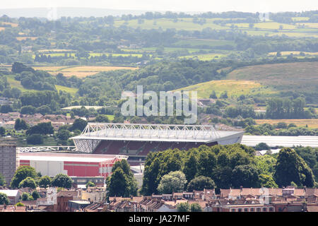 Bristol, England - July 17, 2016: Ashton Gate Stadium, home of Bristol City Football Club, standing in the south Bristol cityscape with the hills of N Stock Photo