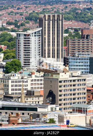 Bristol, England, UK - July 17, 2016: Office buildings, apartment blocks and church spires nestled together in the Broadmead area of central Bristol. Stock Photo