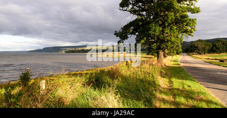 A county road follows the coast of the Beauly Firth, an esturine inlet of the North Sea near Inverness in the Highlands of Scotland. Stock Photo