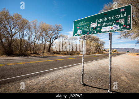 The 'Extraterrestrial Highway' sign at the start of State Highway 375 in Nevada, near Area 51. Stock Photo