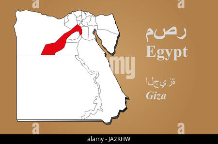 Ägyptische Landkarte in 3D auf braunem Hintergrund. Giza hervorgehoben. Egypt map in 3D on brown background. Giza highlighted. Stock Photo