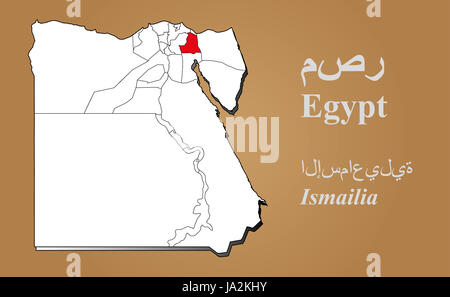 Ägyptische Landkarte in 3D auf braunem Hintergrund. Ismailia hervorgehoben. Egypt map in 3D on brown background. Ismailia highlighted. Stock Photo