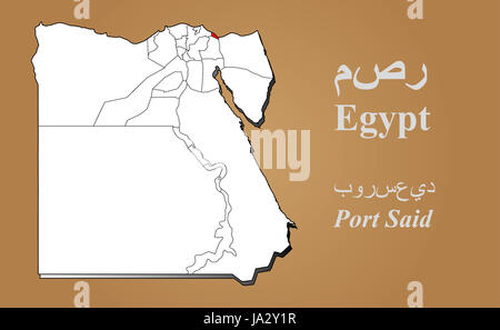 Ägyptische Landkarte in 3D auf braunem Hintergrund. Port Said hervorgehoben. Egypt map in 3D on brown background. Port Said highlighted. Stock Photo