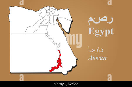 Ägyptische Landkarte in 3D auf braunem Hintergrund. Assuan hervorgehoben. Egypt map in 3D on brown background. Aswan highlighted. Stock Photo