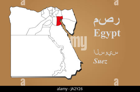 Ägyptische Landkarte in 3D auf braunem Hintergrund. Suez hervorgehoben. Egypt map in 3D on brown background. Suez highlighted. Stock Photo