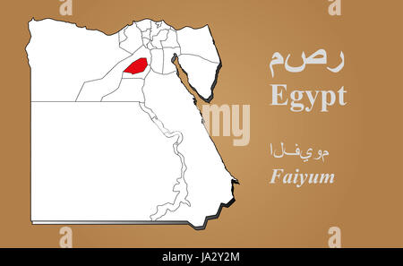 Ägyptische Landkarte in 3D auf braunem Hintergrund. Faiyum hervorgehoben. Egypt map in 3D on brown background. Faiyum highlighted. Stock Photo