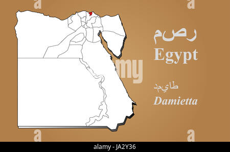 Ägyptische Landkarte in 3D auf braunem Hintergrund. Damietta hervorgehoben. Egypt map in 3D on brown background. Damietta highlighted. Stock Photo