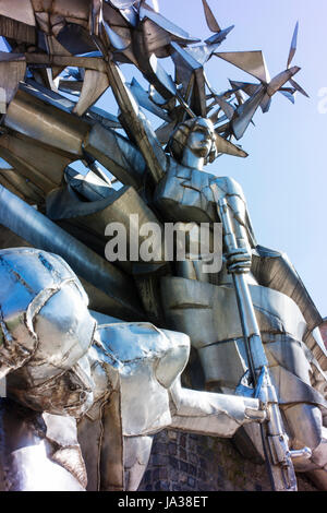 Monument to the Defenders of the Polish Post Office by the Polish sculptor Wincenty Kuzma, made in stainless steel. Stock Photo