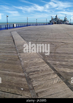 New wooden boardwalk (installed after the 2014 fire destroyed the original buildings), Eastbourne Pier, East Sussex, England, UK Stock Photo