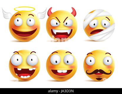 Set of vector smileys with funny faces like angel, demon, patient, injured and toothless smiley isolated in white background. Stock Vector