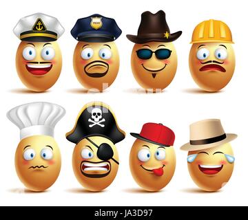 Set of vector egg faces of professionals with caps in emotions and facial expressions isolated in white background. Vector illustration Stock Vector