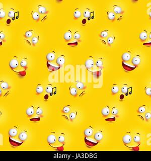 Seamless smiley face pattern with funny facial expressions in continuous yellow background. Vector illustration Stock Vector