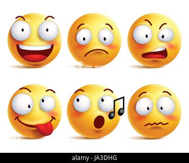 Smiley face icons or emoticons with set of different facial expressions in glossy isolated in white background. Vector illustration Stock Vector